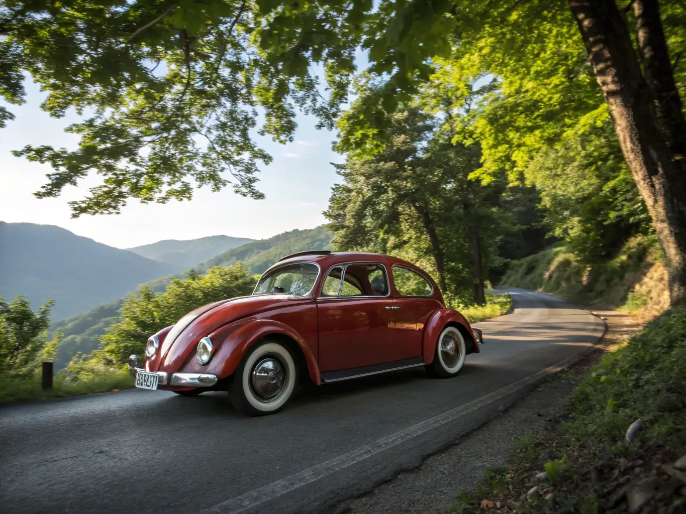 A pristine 1967 Volkswagen Beetle, showcasing its rounded shape, chrome hubcaps, and cheerful demeanor, parked in a picturesque European village with cobblestone streets.