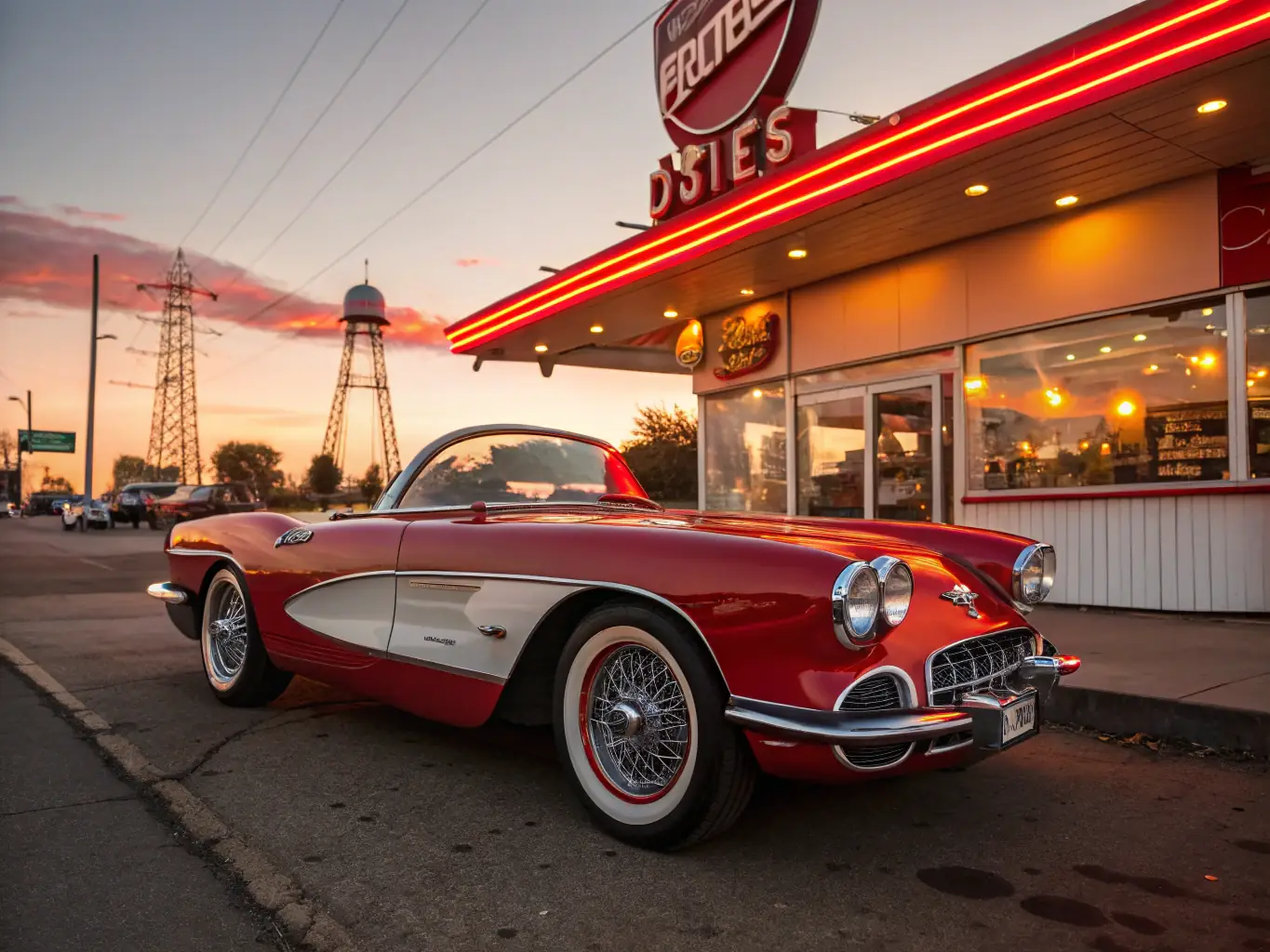 A meticulously restored 1957 Chevrolet Bel Air, showcasing its iconic tailfins, chrome accents, and two-tone paint job, parked in front of a vintage diner with neon signs.